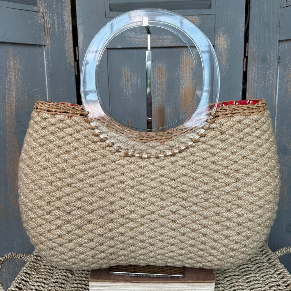 Oscar de la Renta Natural Woven Rope Wicker Ring Lucite Handle Tote Bag  NWOT - Picture 5 of 16
